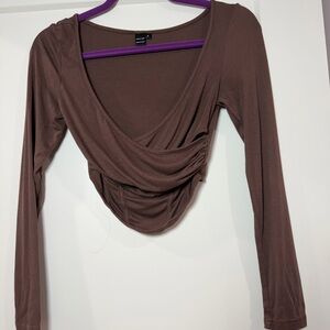 Brown Ruched Long Sleeve Crop Top | Small